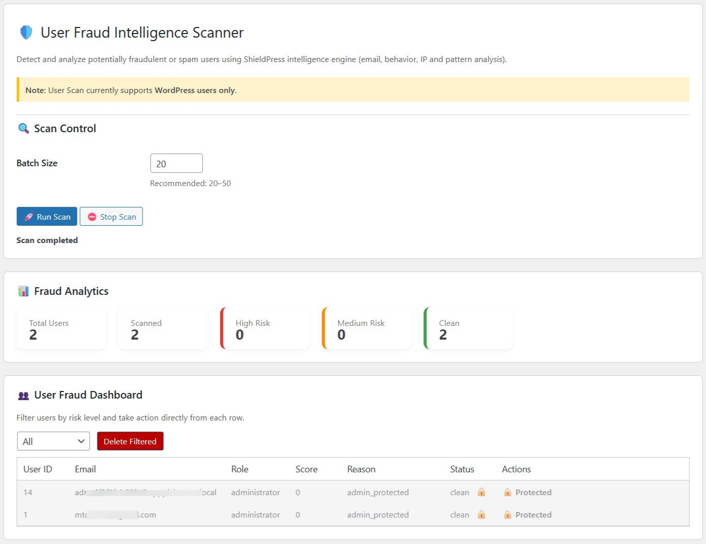 ShieldPress User Scan Dashboard