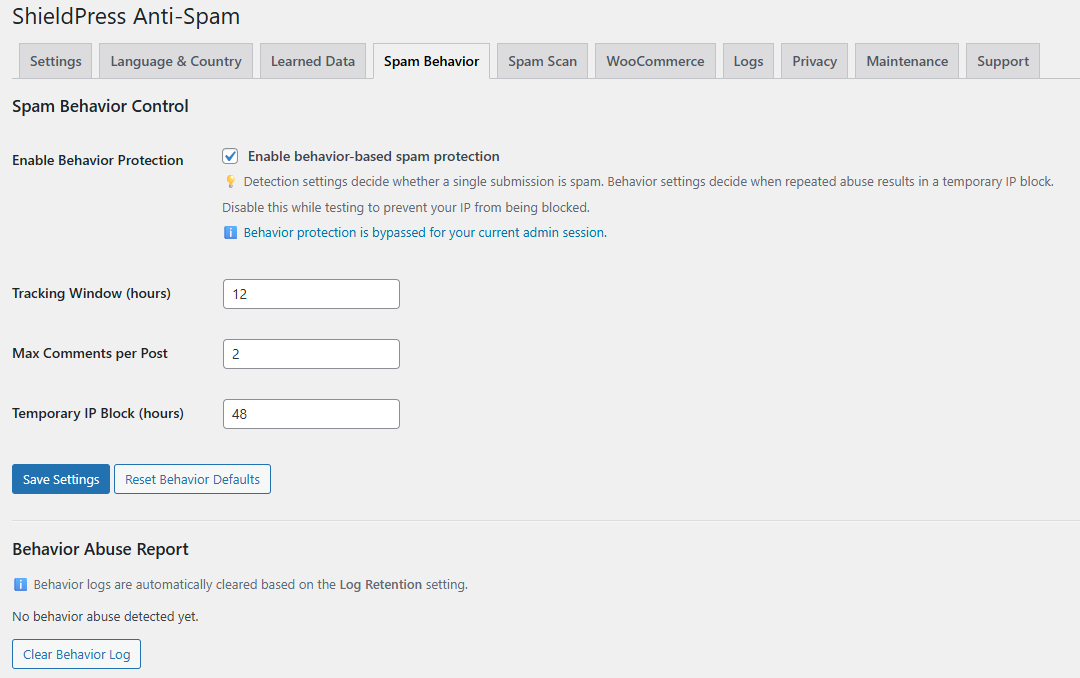 ShieldPress Spam behavior settings