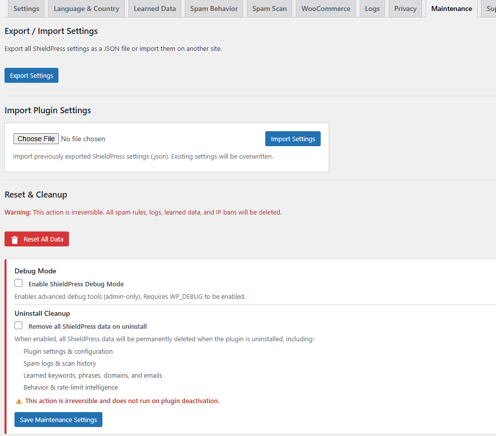 ShieldPress Maintenance Settings