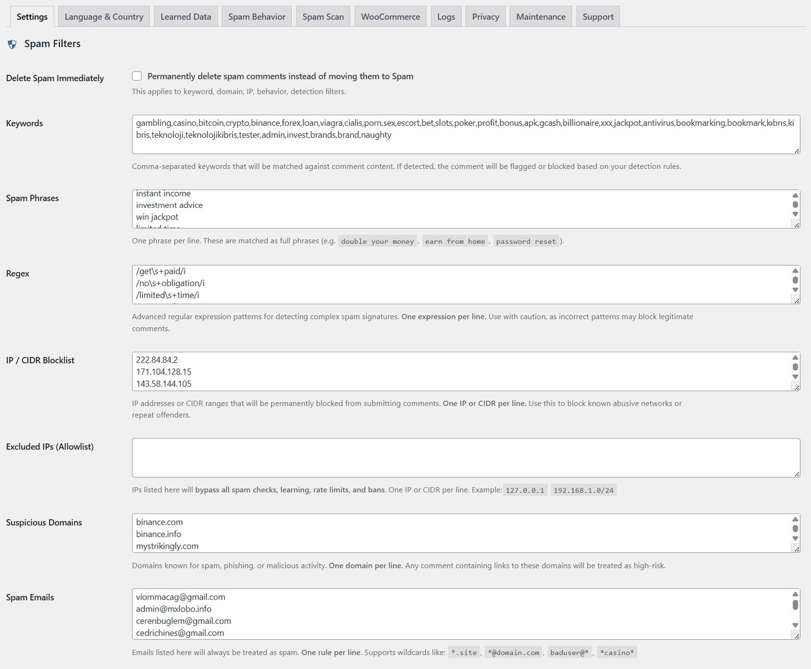 ShieldPress Settings filters