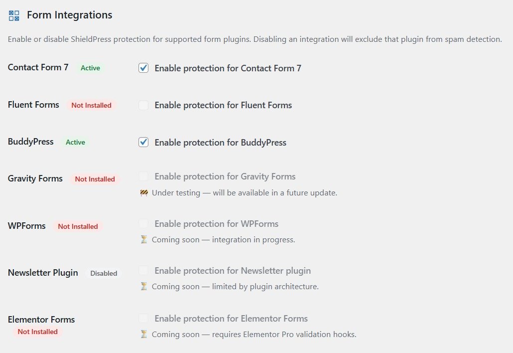 ShieldPress Settings integrations